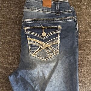 Wallflower Women's Boot Cut Jeans in Medium Blue with White Contrast Stitching